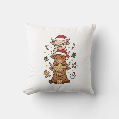 Christmas Highland Cow Stack Vintage Engraving Des Throw Pillow