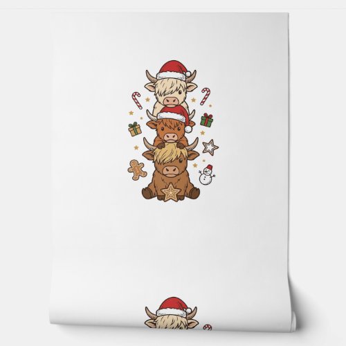 Christmas Highland Cow Stack Vintage Engraving Des Wallpaper