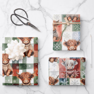 Christmas Highland Cow Sweater Festive Red Green Wrapping Paper Sheets