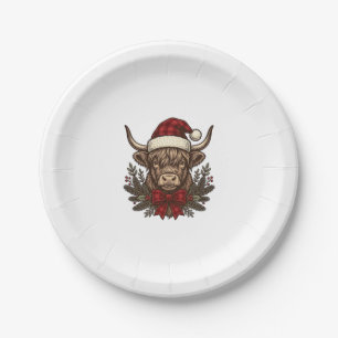 Christmas Highland Cow Vintage Engraving Design_1 Paper Plates