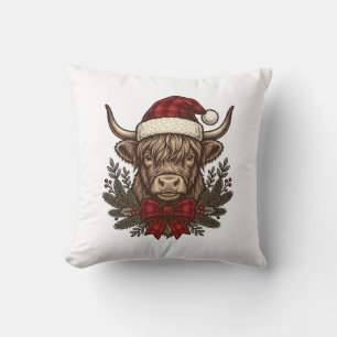 Christmas Highland Cow Vintage Engraving Design_1 Throw Pillow