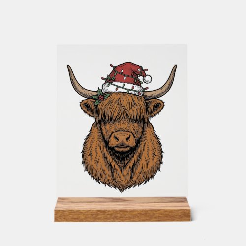 Christmas Highland Cow Vintage Engraving Santa Hat Acrylic Sign