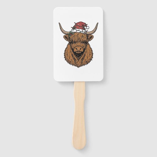 Christmas Highland Cow Vintage Engraving Santa Hat Hand Fan