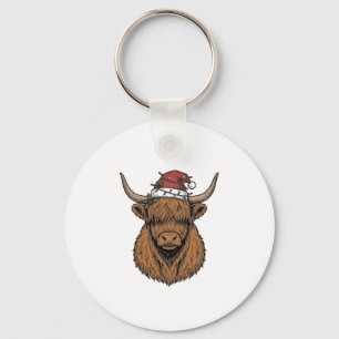 Christmas Highland Cow Vintage Engraving Santa Hat Keychain