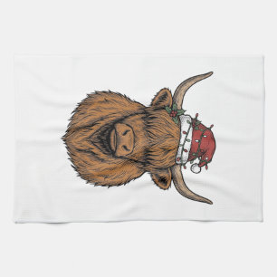 Christmas Highland Cow Vintage Engraving Santa Hat Kitchen Towel