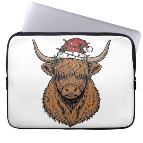 Christmas Highland Cow Vintage Engraving Santa Hat Laptop Sleeve
