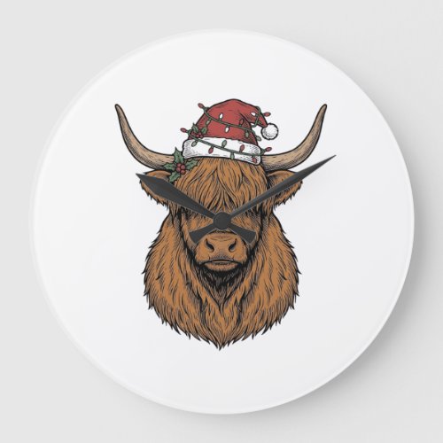 Christmas Highland Cow Vintage Engraving Santa Hat Large Clock
