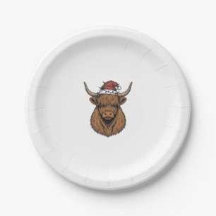 Christmas Highland Cow Vintage Engraving Santa Hat Paper Plates