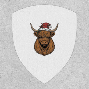 Christmas Highland Cow Vintage Engraving Santa Hat Patch