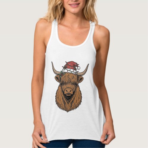 Christmas Highland Cow Vintage Engraving Santa Hat Tank Top
