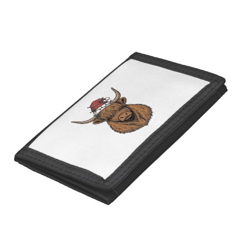 Christmas Highland Cow Vintage Engraving Santa Hat Trifold Wallet