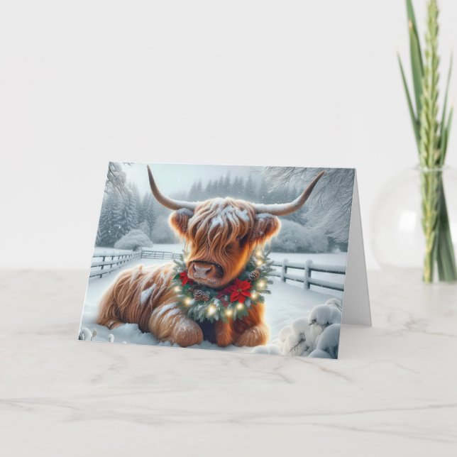 Christmas Highland Cow Wearing a Wreath Holiday Card (Front)