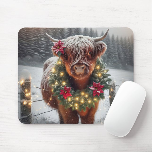 Christmas Highland Cow Wearing a Wreath Mouse Pad (With Mouse)