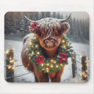 Christmas Highland Cow Wearing a Wreath Mouse Pad