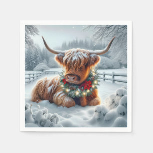 Christmas Highland Cow Wearing a Wreath Napkins
