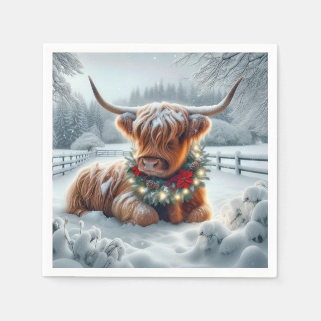 Christmas Highland Cow Wearing a Wreath Napkins (Front)