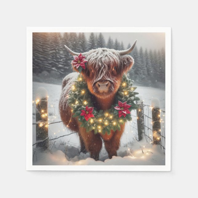 Christmas Highland Cow Wearing a Wreath Napkins (Front)