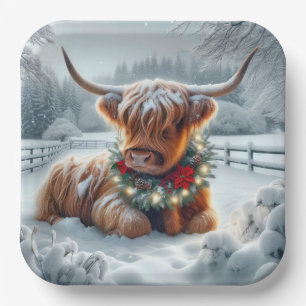 Christmas Highland Cow Wearing a Wreath Paper Plates