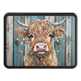 Christmas Highland Cow with Lights on Old Wood Hitch Cover