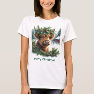 Christmas Highland Cow with Pine T-Shirt