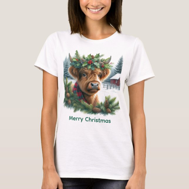 Christmas Highland Cow with Pine  T-Shirt (Front)