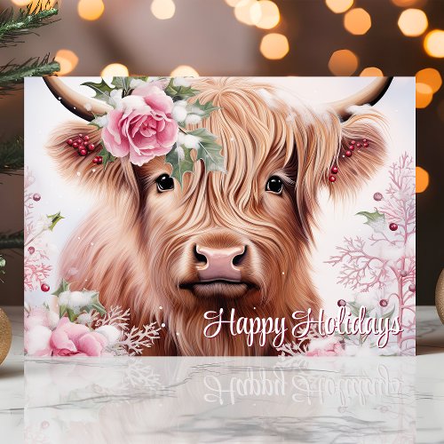 Christmas Highland Cow With Roses Happy Holidays Holiday Card