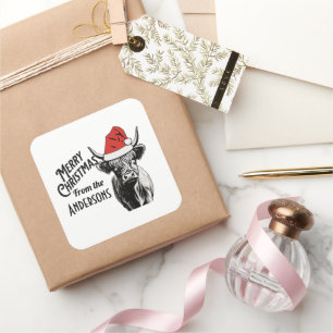 Christmas Highland Cow with Santa Hat Square Sticker