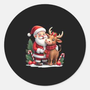 Christmas Highland Cow With Santa Scottish Vintage Classic Round Sticker