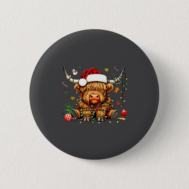 Christmas Highland Cow Xmas Santa Hat Wooly Farm A Button (Front)