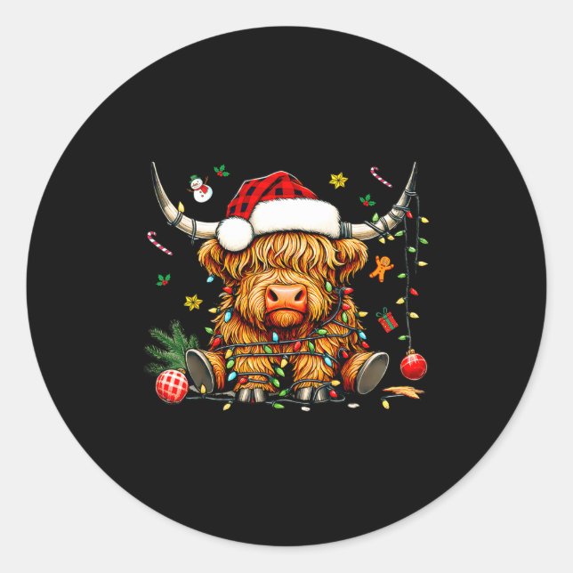 Christmas Highland Cow Xmas Santa Hat Wooly Farm A Classic Round Sticker (Front)