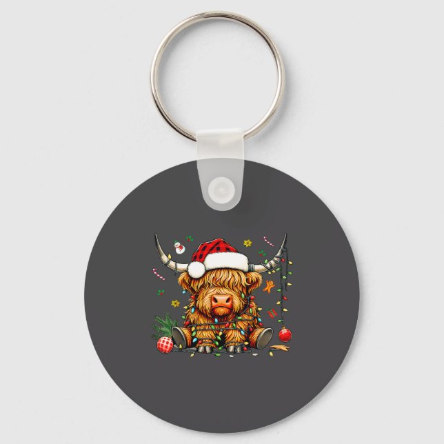 Christmas Highland Cow Xmas Santa Hat Wooly Farm A Keychain (Front)