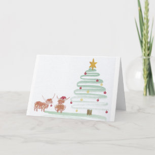 Christmas highland cows decorating tree baubles card