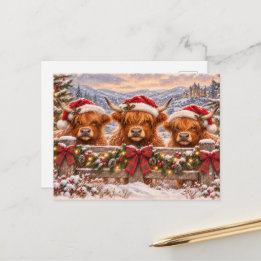 Christmas Highland Cows – Festive Watercolour Art Holiday Postcard