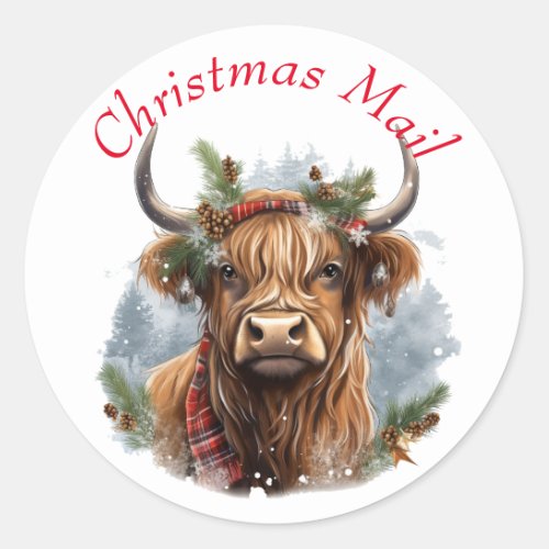 Christmas Highlander Cow Cute  Classic Round Sticker