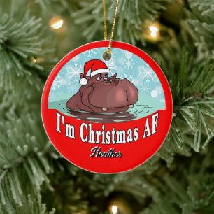 Christmas Hippopotamus in Santa Hat - Christmas AF Ceramic Ornament