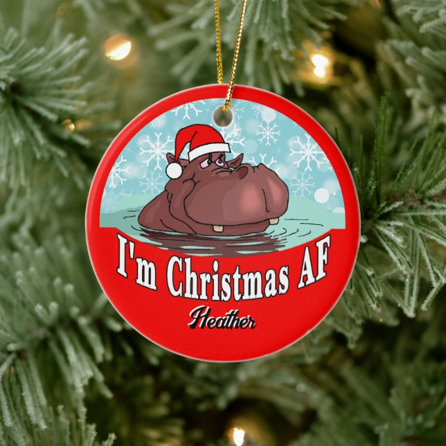 Christmas Hippopotamus in Santa Hat - Christmas AF Ceramic Ornament (Tree)