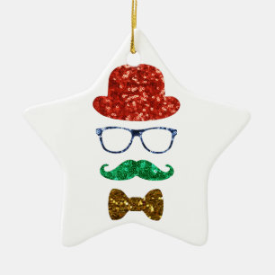 christmas hipster mustache ceramic ornament