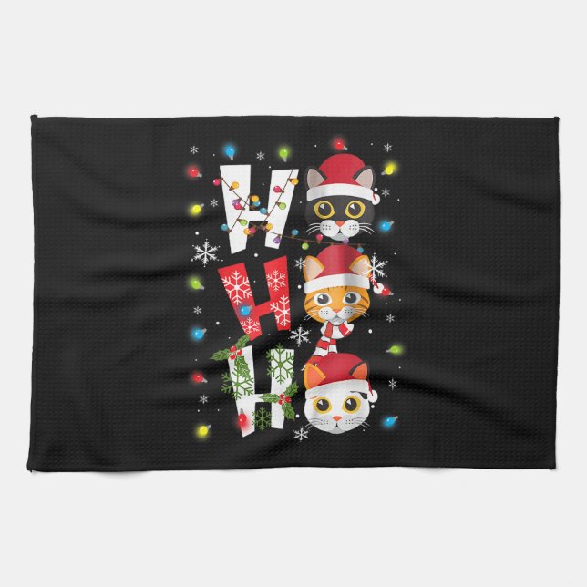 Christmas Ho Ho Ho Cat Lovers Lights Pajamas Funny Kitchen Towel (Horizontal)