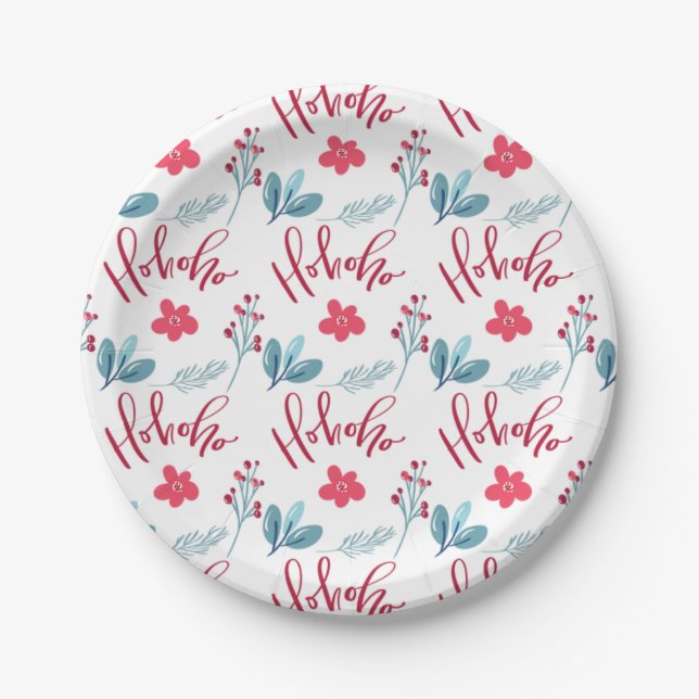 Christmas Ho Ho Ho Floral Holiday Party Paper Plates (Front)