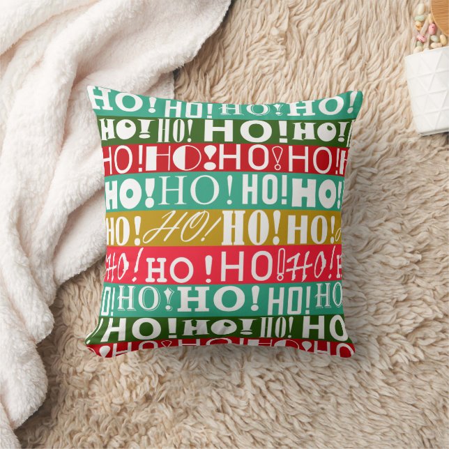 Christmas HO! HO! HO! Red Green and Gold Stripes  Throw Pillow (Blanket)
