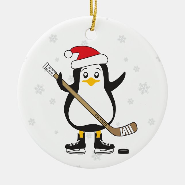 Christmas Hockey Penguin Ceramic Ornament (Front)
