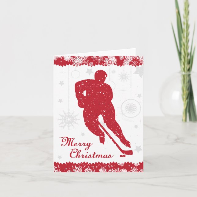 Christmas Hockey Red Snowflakes Male Card (Front)