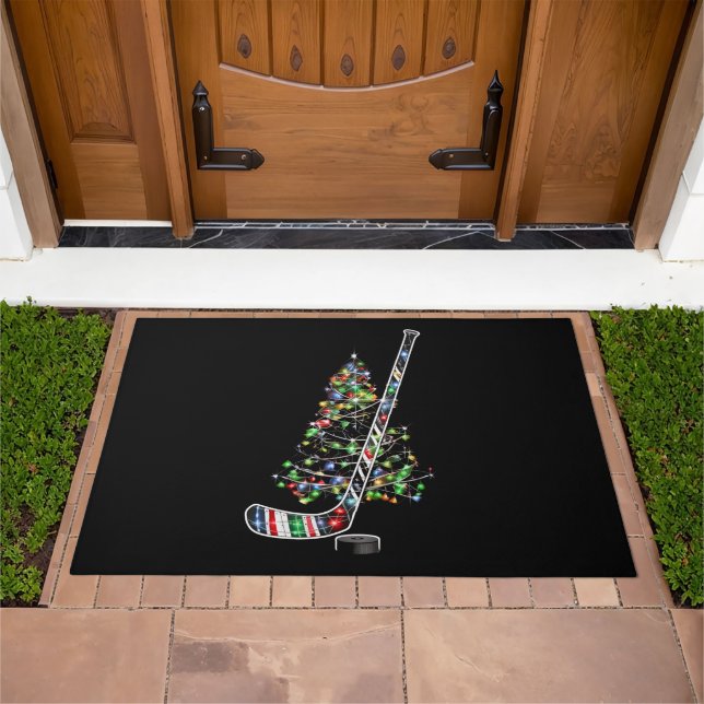Christmas Hockey Sports Ball Santa Hat Xmas  Doormat (Outdoor)