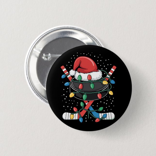 Christmas Hockey Xmas Santa Sports Hat Ball  Button (Front & Back)