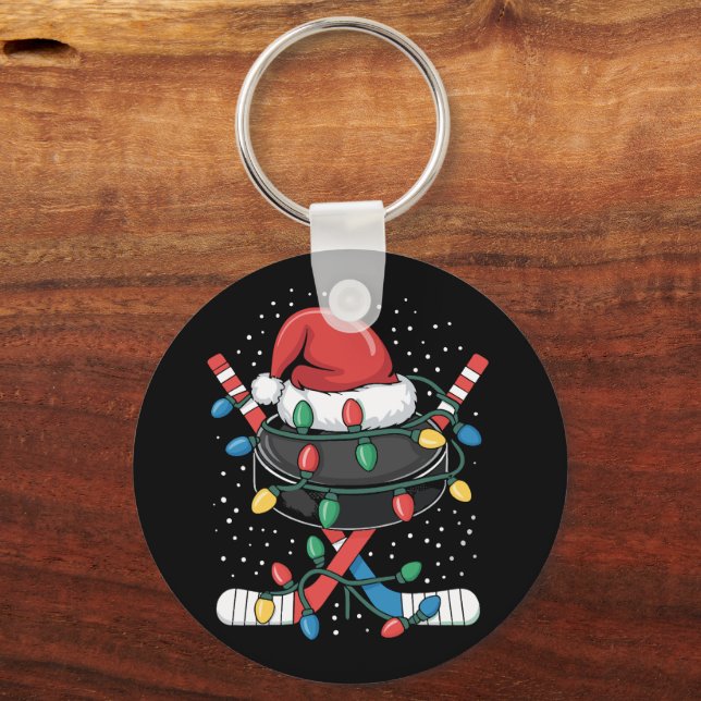 Christmas Hockey Xmas Santa Sports Hat Ball  Keychain (Front)