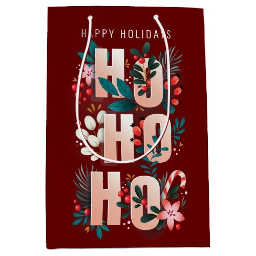 Christmas HoHoHo Holly Branches Candy Cane Medium Gift Bag