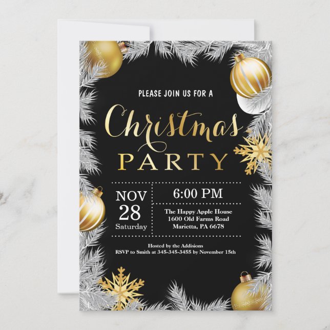 Christmas Holiady Party Invitation Black and Gold (Front)