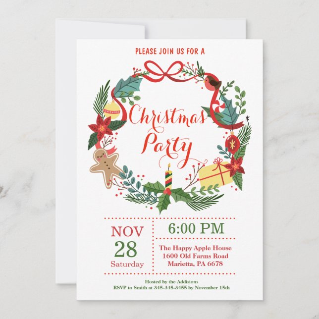 Christmas Holiady Party Invitation Floral Wreath (Front)