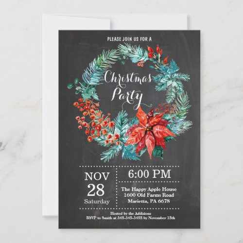 Christmas Holiady Party Invitation Floral Wreath