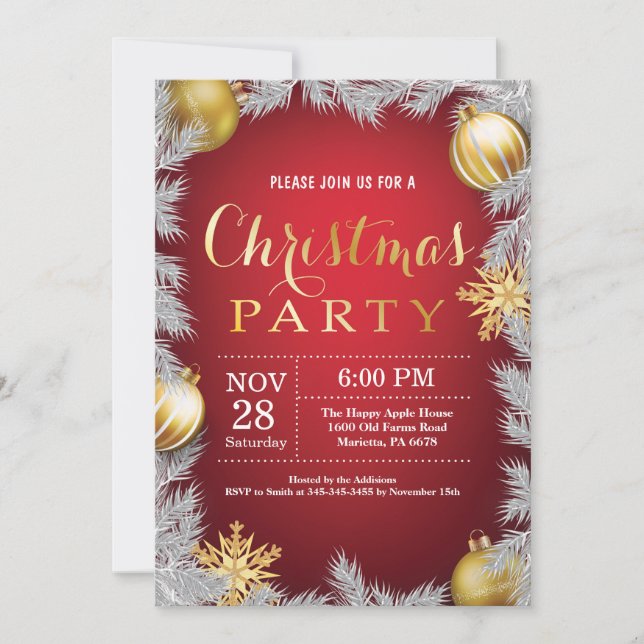 Christmas Holiady Party Invitation Red and Gold (Front)